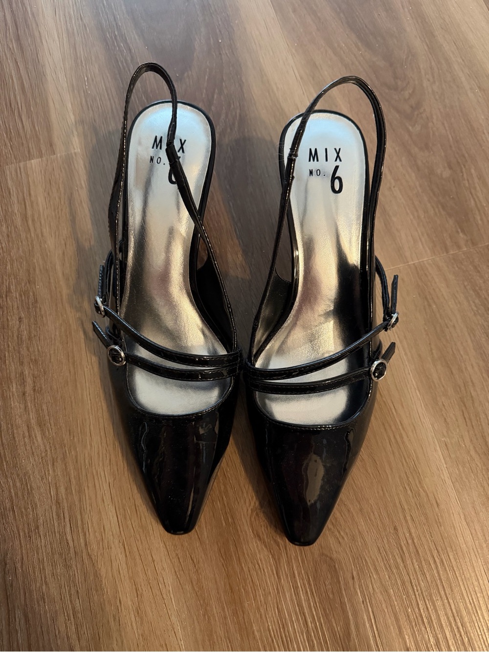 Mix No. 6 Black Patent Slingback Pointed Toe Strap Kitten Heels